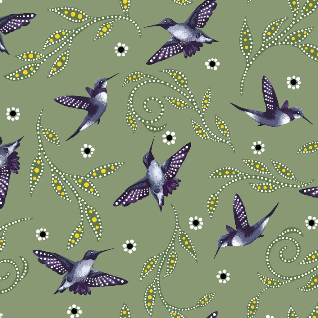 Discover the indigenous cotton fabric hummingbirds available across the USA at First Trend Fabrics. Panel BA-0007 sage