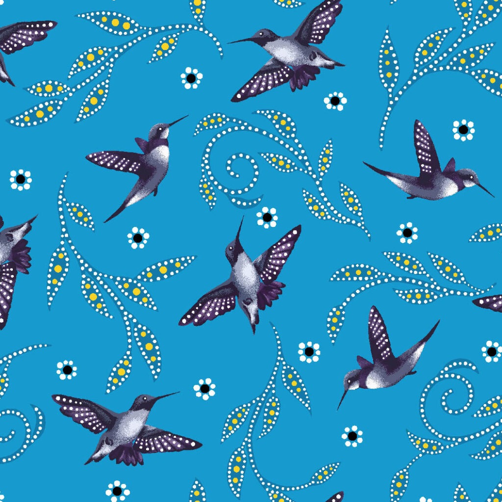 Discover the indigenous cotton fabric hummingbirds available across the USA at First Trend Fabrics. Panel BA-0007 teal