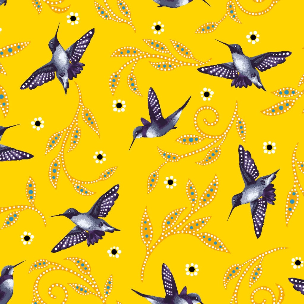 Discover the indigenous cotton fabric hummingbirds available across the USA at First Trend Fabrics. Panel BA-0007 yellow