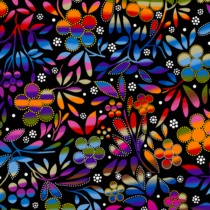 Indigenous floral fabric design – 'Sacred Place' by Betty Albert, available at First Trend Fabrics USA-BA-0009-black