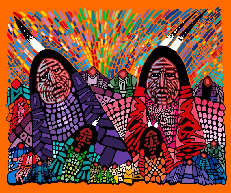 Native-themed fabric design 'Wisdom, an Elder Couple' by Cree artist Jerry Whitehead, exclusively available at First Trend Fabrics for wholesale across the USA. Panel Orange.