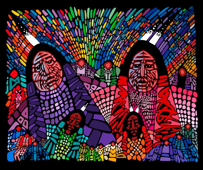 Native-themed fabric design 'Wisdom, an Elder Couple' by Cree artist Jerry Whitehead, exclusively available at First Trend Fabrics for wholesale across the USA. Panel Black