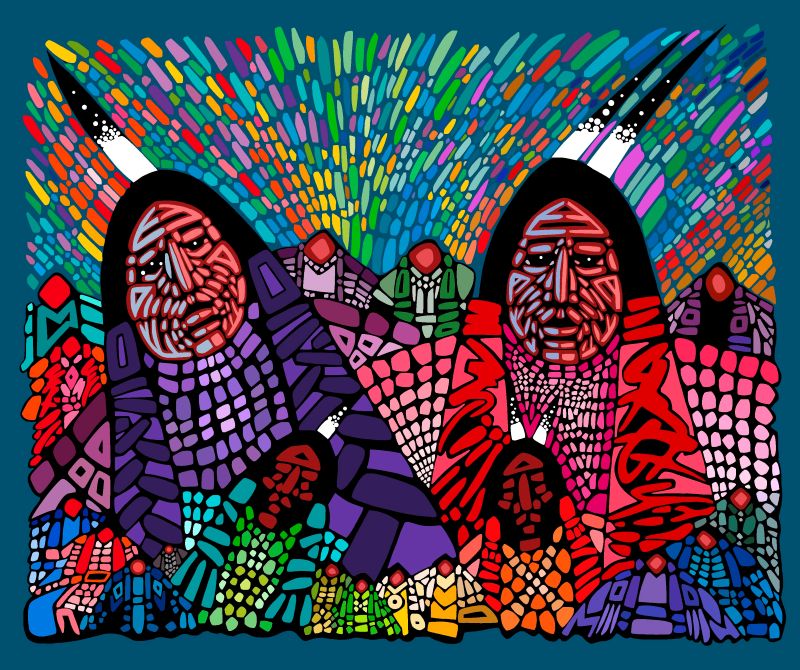 Native-themed fabric design 'Wisdom, an Elder Couple' by Cree artist Jerry Whitehead, exclusively available at First Trend Fabrics for wholesale across the USA. Panel Teal.