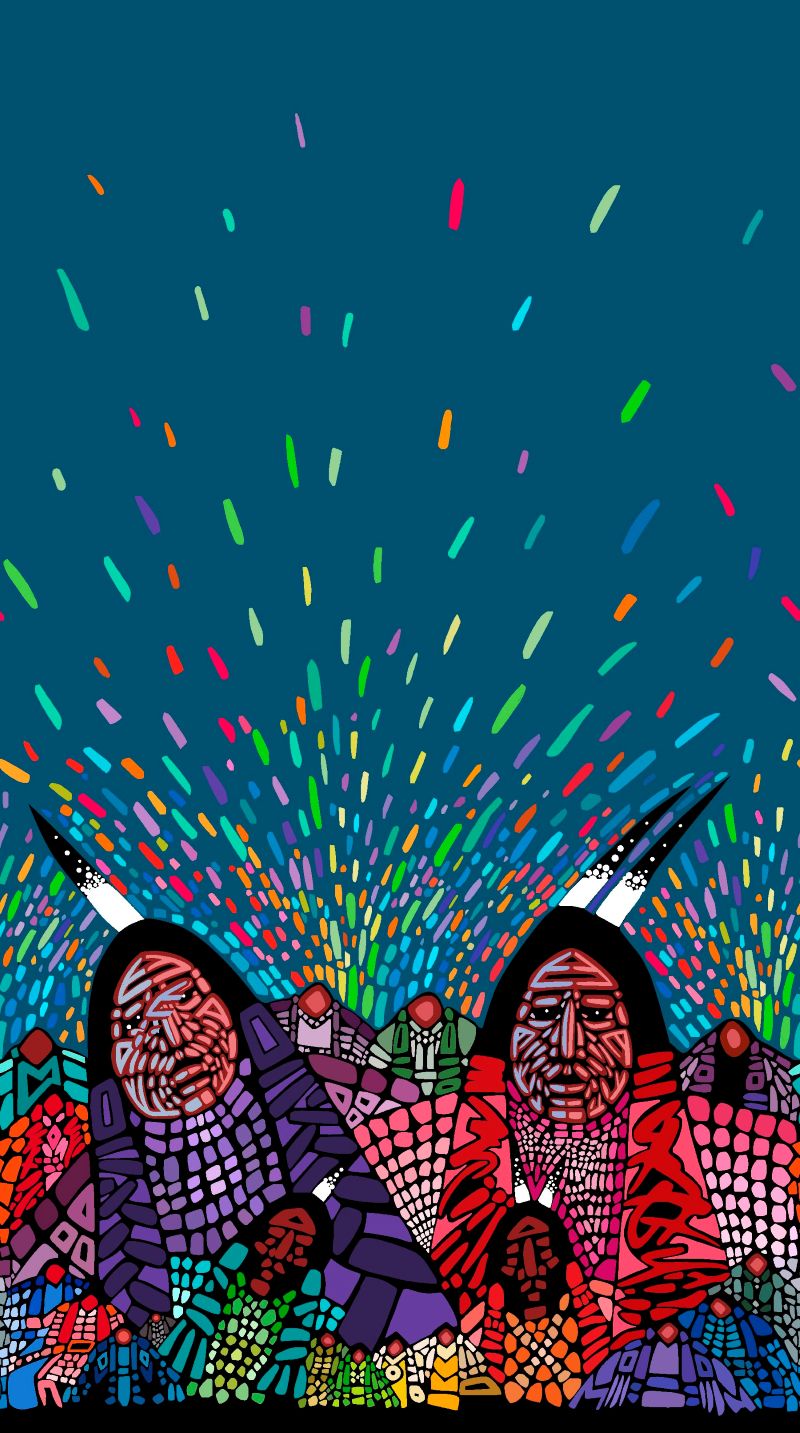 Native-themed fabric design 'Wisdom, an Elder Couple' by Cree artist Jerry Whitehead, exclusively available at First Trend Fabrics for wholesale across the USA. Single Border teal.