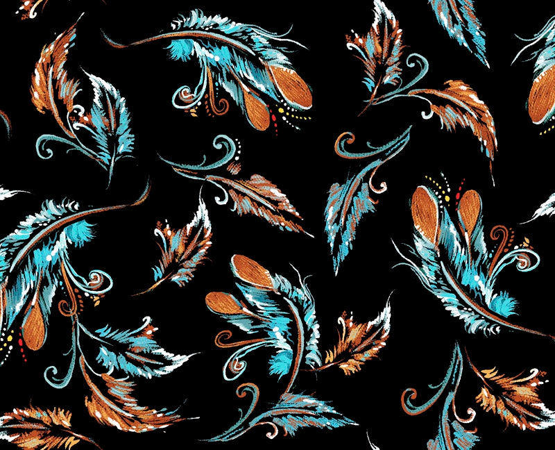 Raven Tree Indigenous fabric with tree and feather designs in bronze metallic – CAJ-0004M – Black. Carla Joseph fabrics are available at First Trend Fabrics.