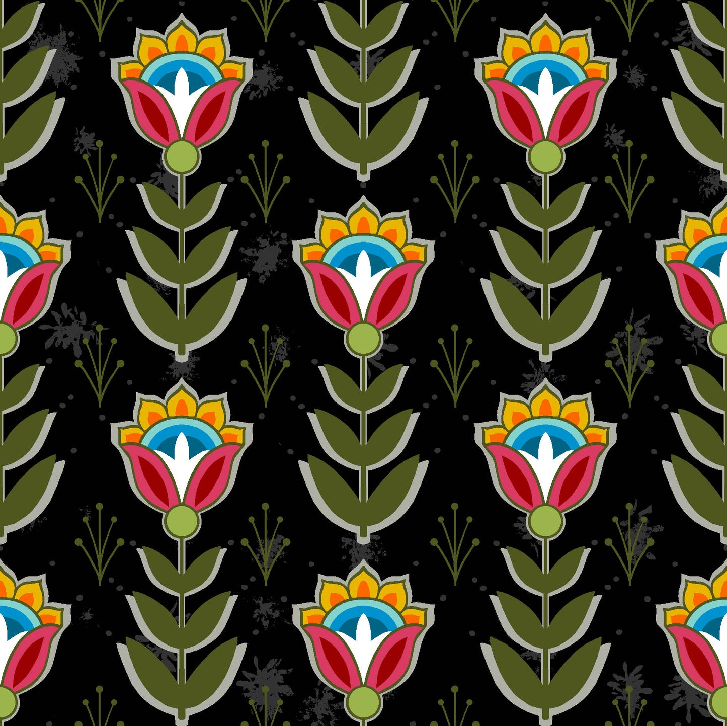 Native American floral fabric SG-0008 Black by Shannon Gustafson, available in the USA at First Trend Fabrics. Explore Shannon Gustafson's portfolio here.