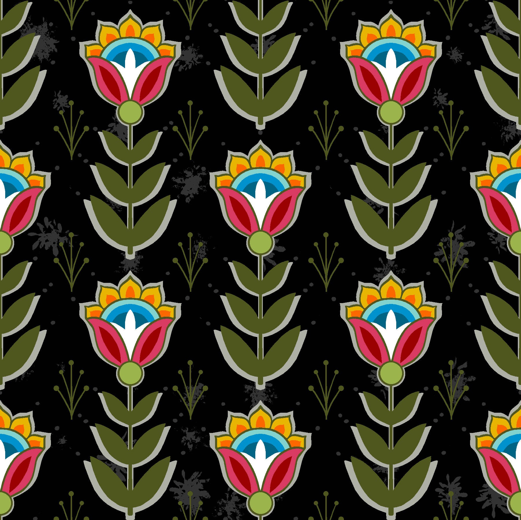 Native American floral fabric SG-0008 Black by Shannon Gustafson, available in the USA at First Trend Fabrics. Explore Shannon Gustafson's portfolio here.