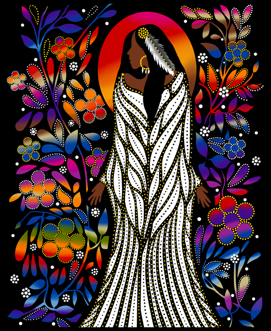 Indigenous floral fabric design – 'Sacred Place' by Betty Albert, available at First Trend Fabrics USA