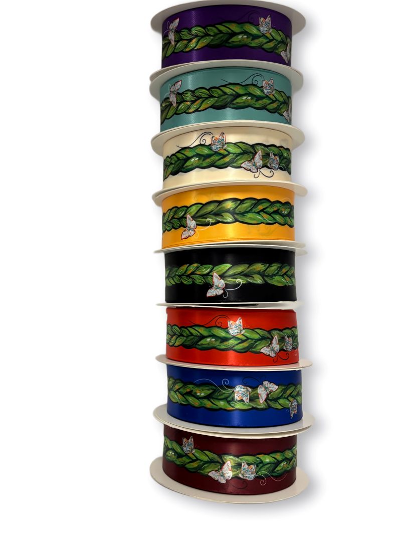 Sweetgrass Indigenous-printed ribbons 100% polyester are sold in packs of 8 different colors, available at First Trend Fabrics across the United States.