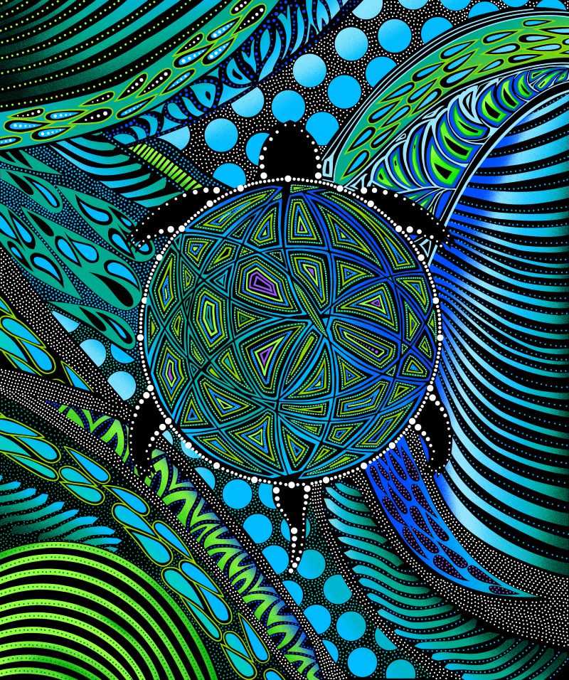 Indigenous-designed fabric panel 'Turtle' by Betty Albert, featuring vibrant multi-color artwork. Available exclusively at First Trend Fabrics for wholesale across the USA. Panel-Blue