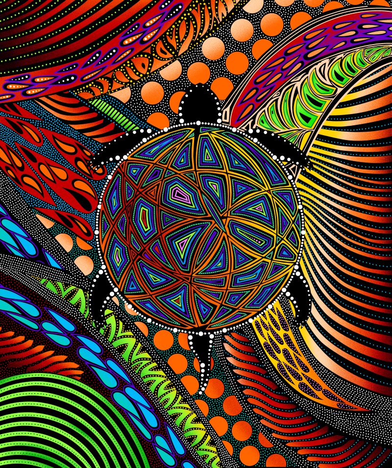 Indigenous-designed fabric panel 'Turtle' by Betty Albert, featuring vibrant multi-color artwork. Available exclusively at First Trend Fabrics for wholesale across the USA. Panel-Multi