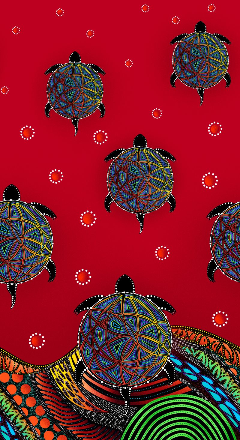 Indigenous-designed fabric panel 'Turtle' by Betty Albert, featuring vibrant multi-color artwork. Available exclusively at First Trend Fabrics for wholesale across the USA. Single Border Red