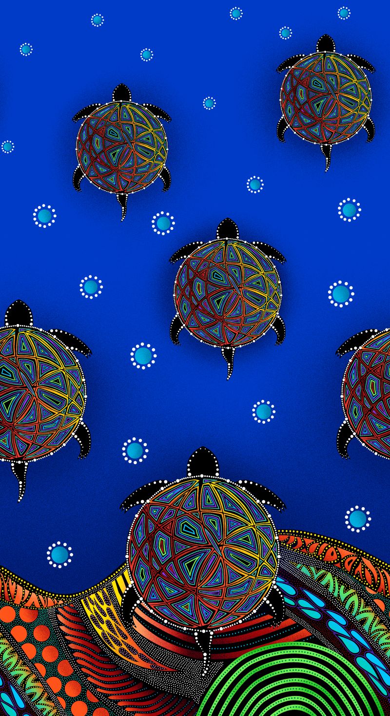 Indigenous-designed fabric panel 'Turtle' by Betty Albert, featuring vibrant multi-color artwork. Available exclusively at First Trend Fabrics for wholesale across the USA. Single Border Royal.