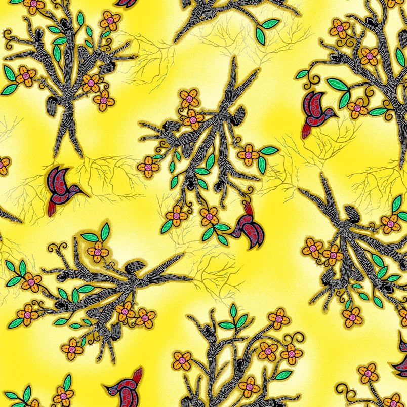 Indigenous floral fabric Keep Us Together featuring a tree design in Yellow by Loretta Gould, pattern LG-0007M, perfect for quilting, clothing, crafts, and home décor. Available in the USA at First Trend Fabrics