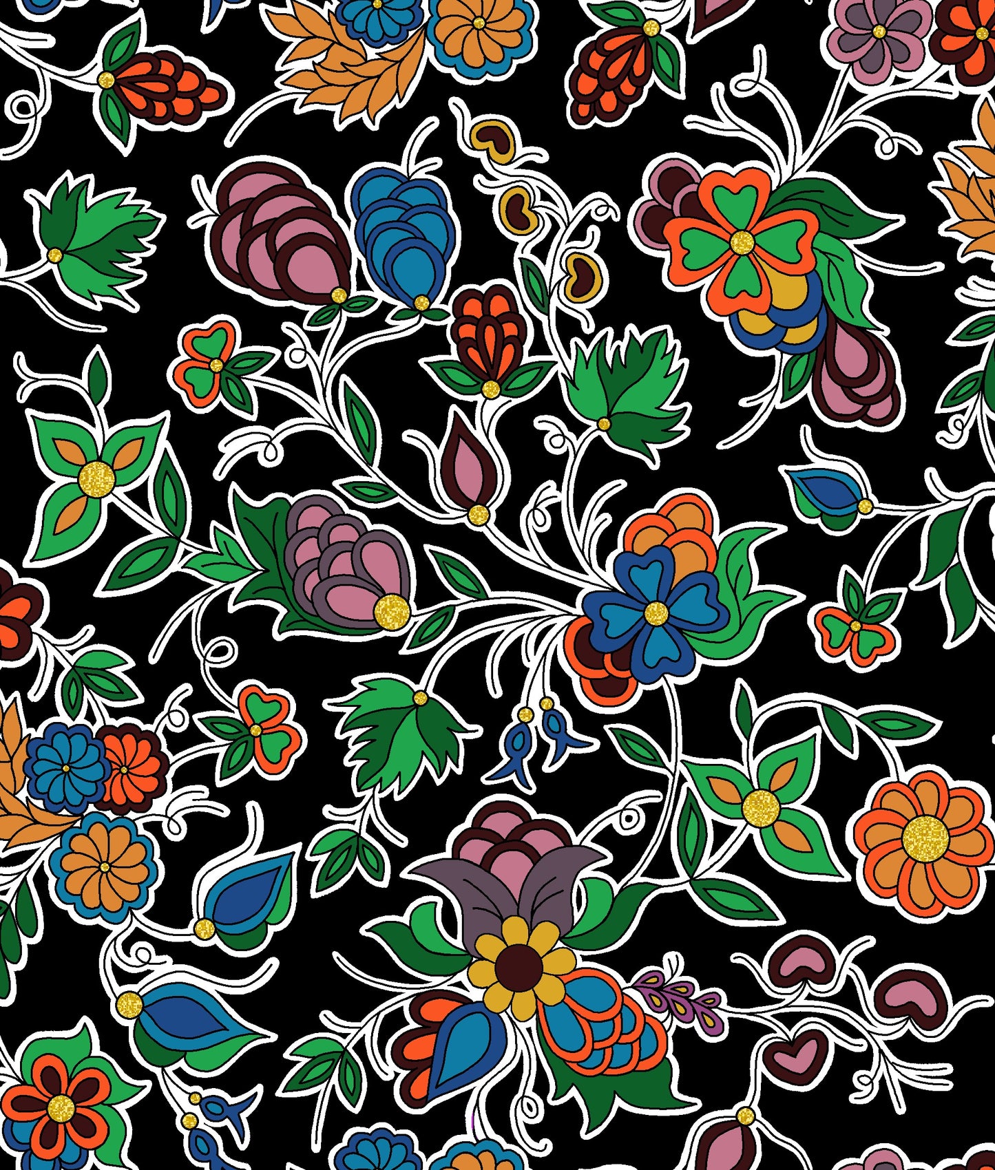 Native floral fabric TM-0003M in black by Tamara Malcolm, showcasing intricate Indigenous fabrics perfect for cultural projects, fashion, and home décor