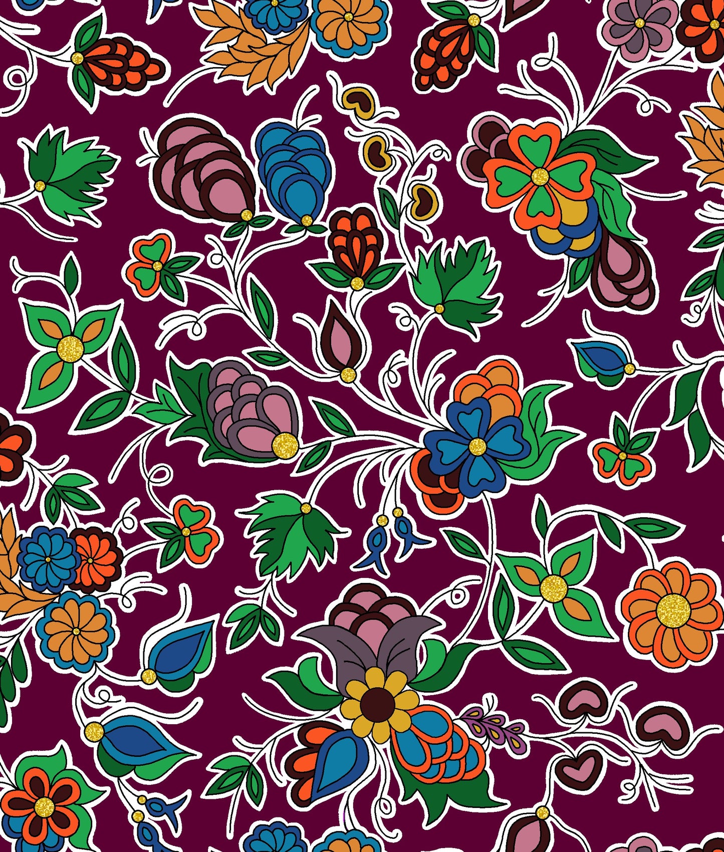 Native floral fabric TM-0003M in burgundy by Tamara Malcolm, showcasing intricate Indigenous fabrics perfect for cultural projects, fashion, and home décor.