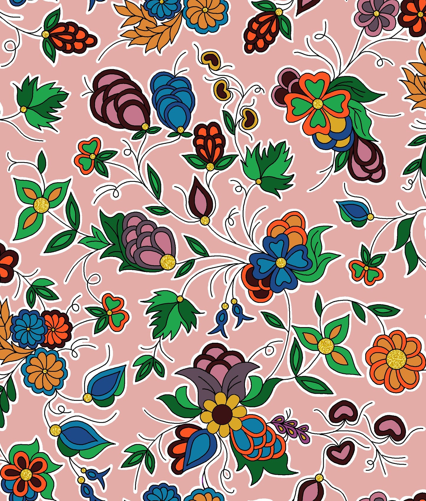 Native floral fabric TM-0003M in black by Tamara Malcolm, showcasing intricate Indigenous fabrics perfect for cultural projects, fashion, and home décor