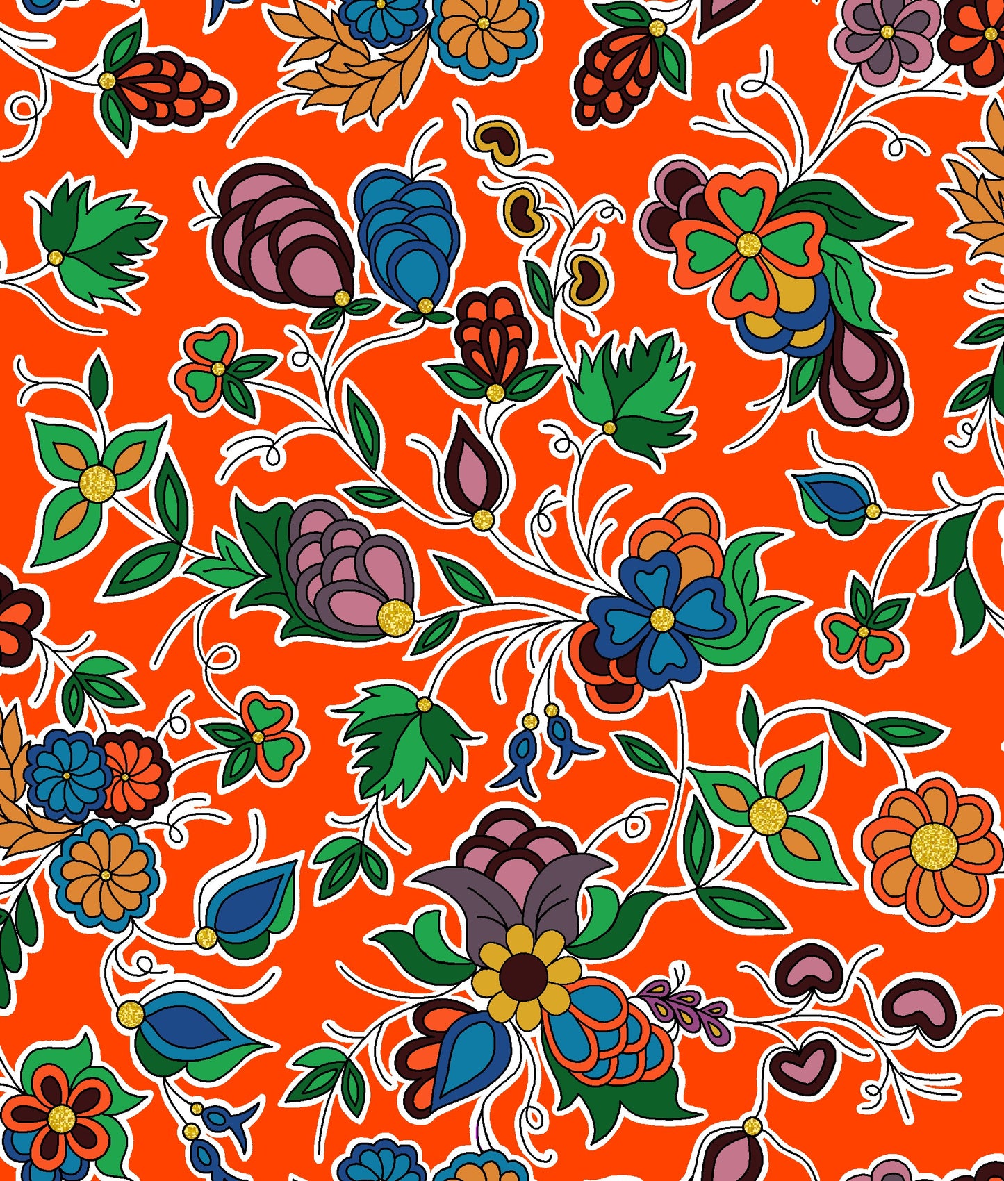 Native floral fabric FTF_TM-0003M in orange by Tamara Malcolm, showcasing intricate Indigenous fabrics perfect for cultural projects, fashion, and home décor
