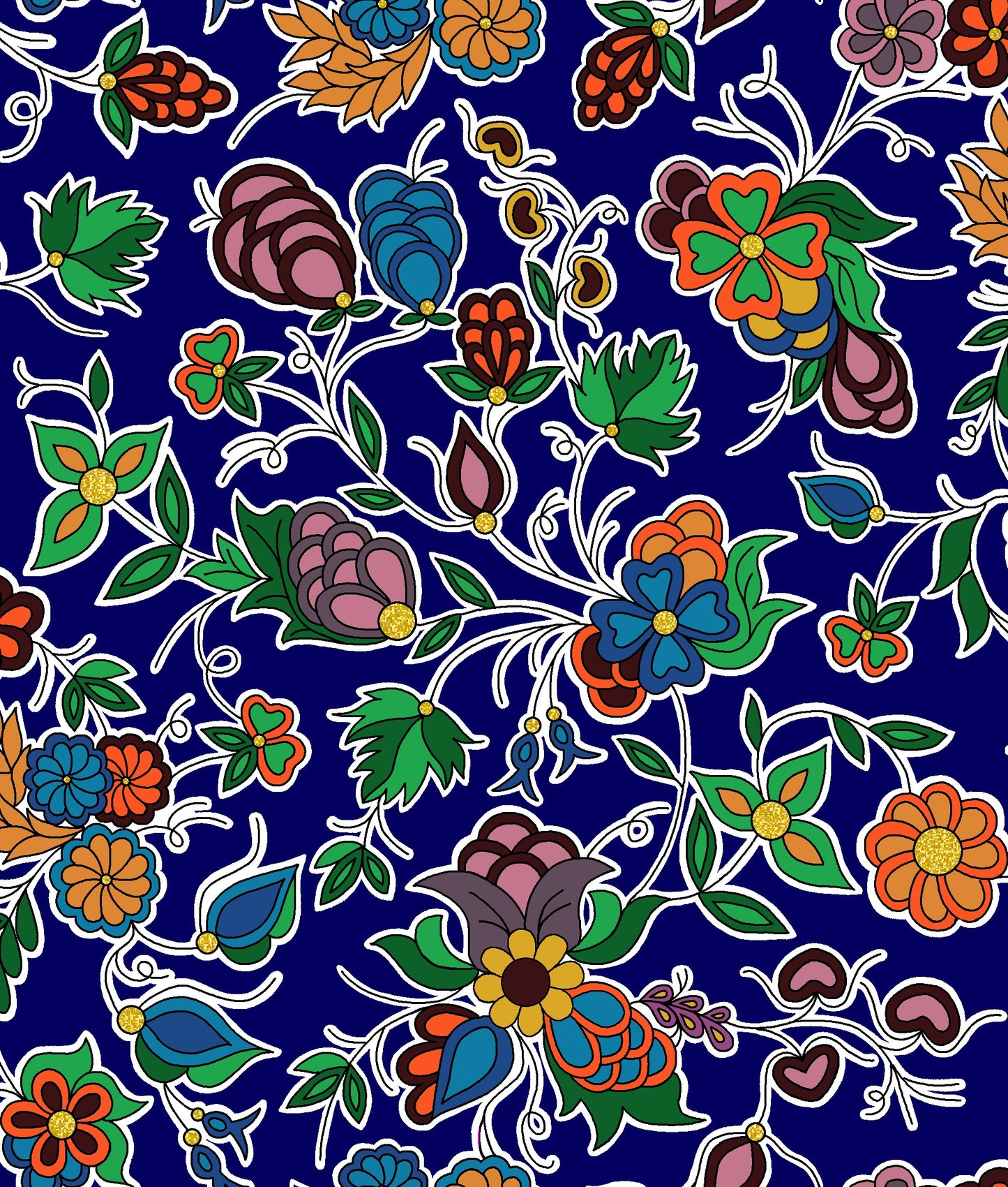 Native floral fabric TM-0003M in navy by Tamara Malcolm, showcasing intricate Indigenous fabrics perfect for cultural projects, fashion, and home décor