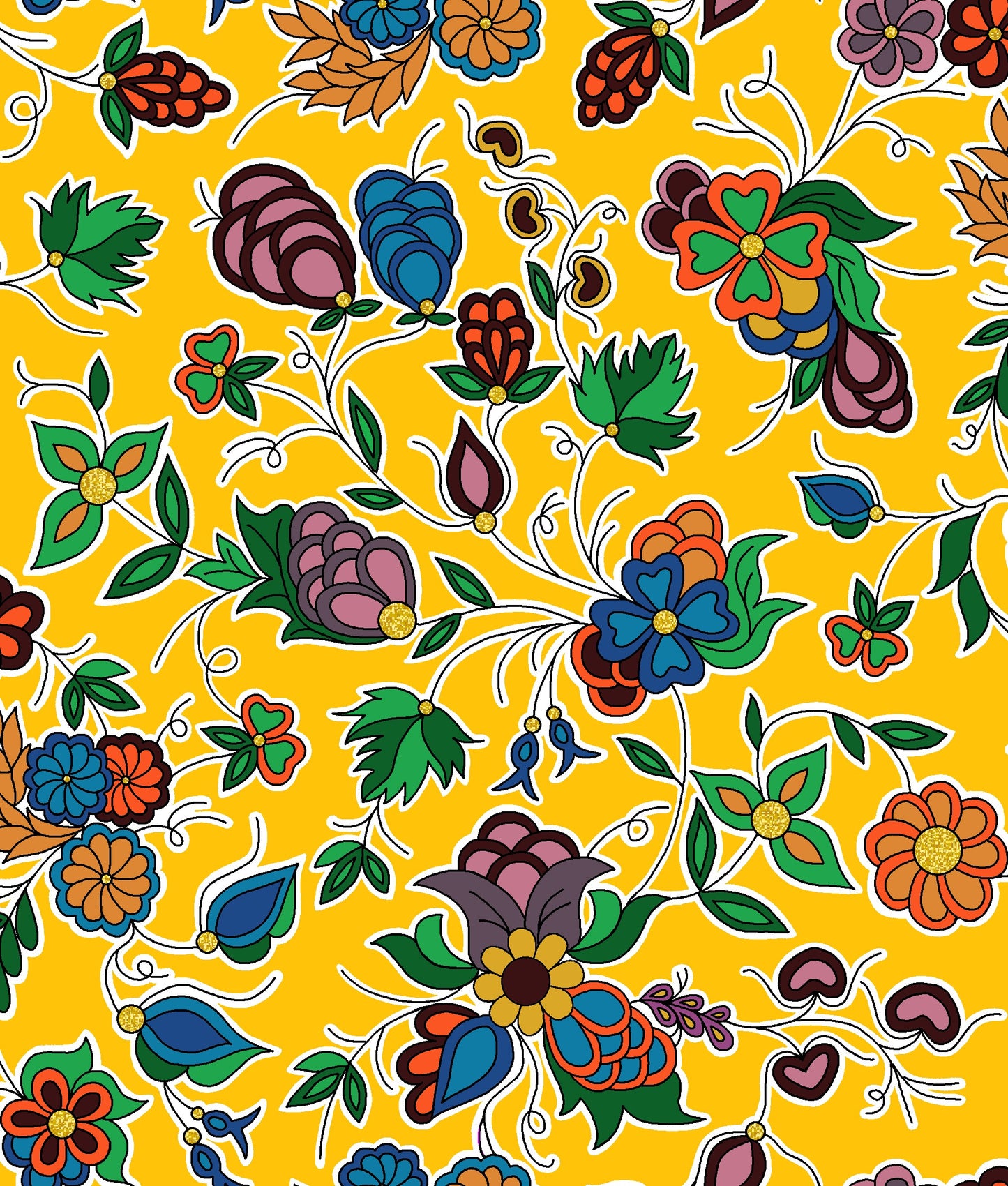 Native floral fabric TM-0003M in yellow by Tamara Malcolm, showcasing intricate Indigenous fabrics perfect for cultural projects, fashion, and home décor