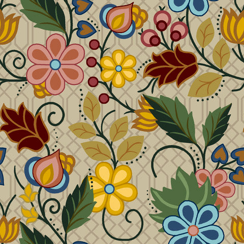 Native Floral SG4 by Shannon Gustafson – exclusive Indigenous fabric design available at First Trend Fabrics USA. SG4-Khaki
