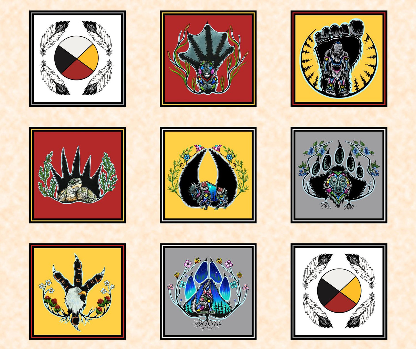 7 Grandfathers is an Indigenous-inspired fabric in the 7 grandfathers teachings by Jessica Somers now available across the USA at First Trend Fabrics for wholesale. Patchwork