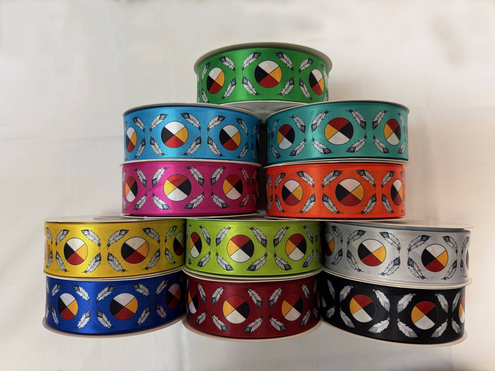 Medicine Wheel satin ribbon with 11 colors from the 7 Grandfathers Collection by Indigenous artist Jessica Somers. Available at First Trend Fabrics in the USA. 