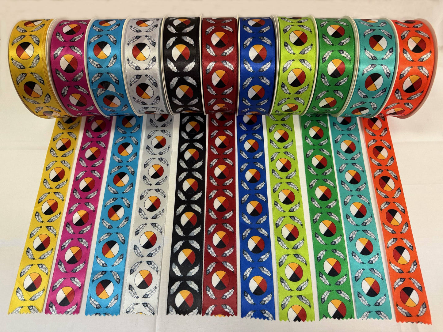 Medicine Wheel satin ribbon with 11 colors from the 7 Grandfathers Collection by Indigenous artist Jessica Somers. 