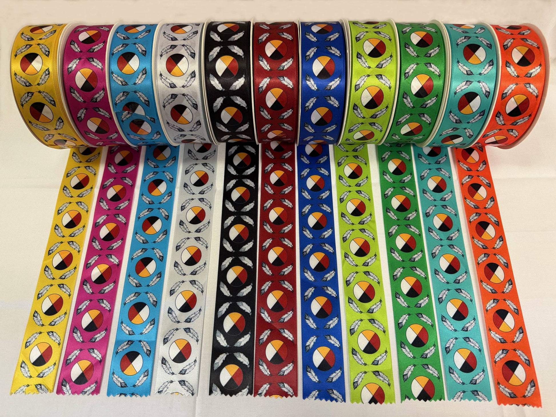 Medicine Wheel satin ribbon with 11 colors from the 7 Grandfathers Collection by Indigenous artist Jessica Somers. 