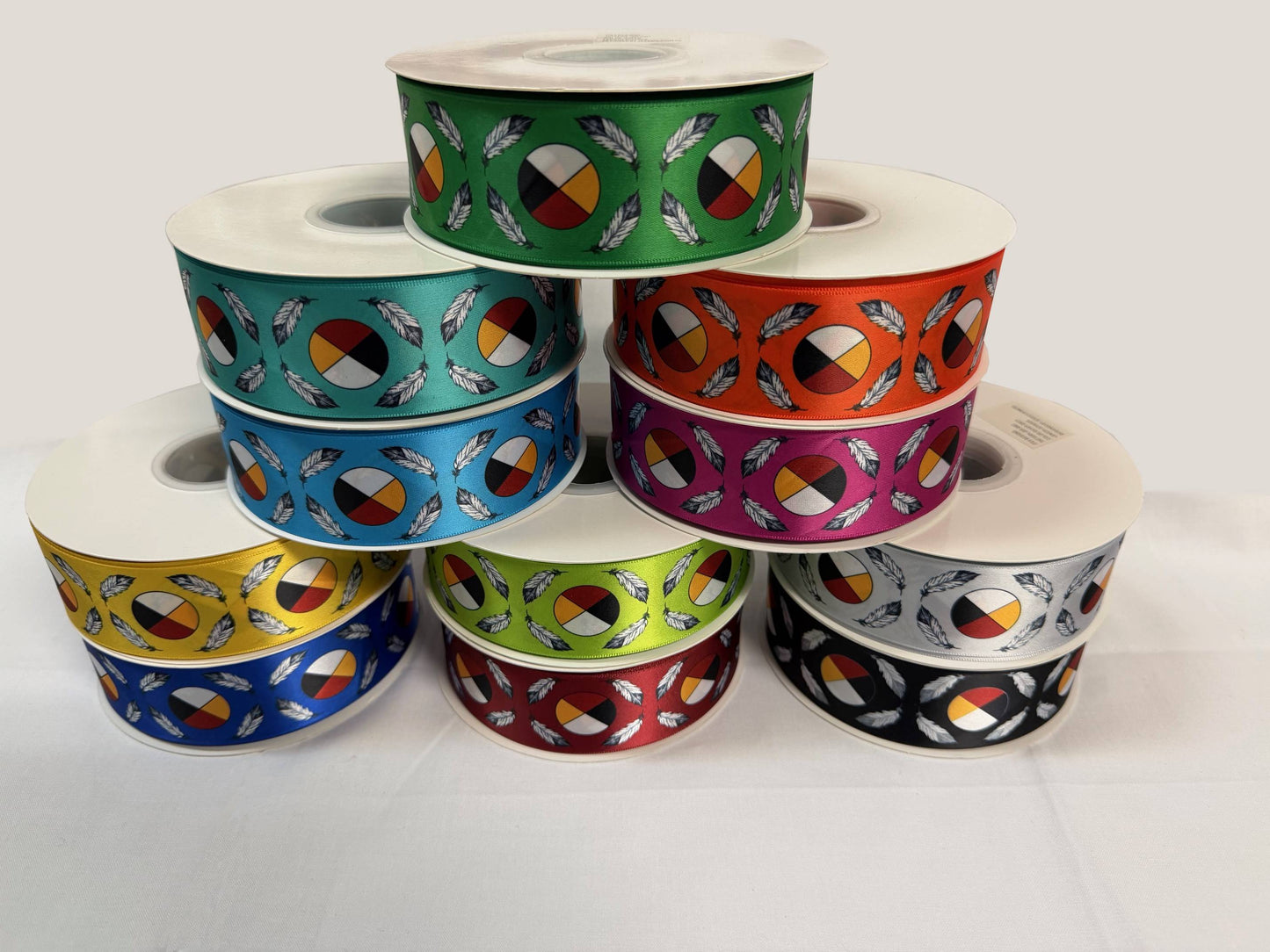 Medicine Wheel satin ribbon with 11 colors from the 7 Grandfathers Collection by Indigenous artist Jessica Somers. Package of 11 colores available.