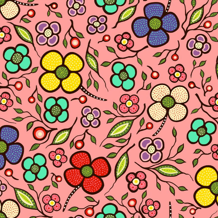 Indigenous Floral Fabric, Abundance by Audrey Armstrong. Available across the USA from First Trend Fabrics. Allover_Floral_Coral
