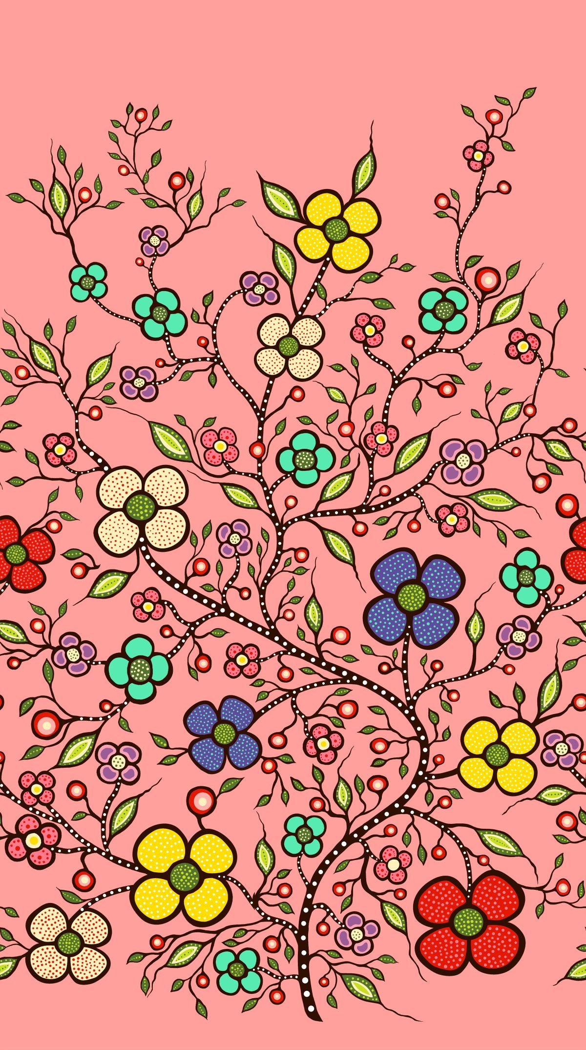 Indigenous Floral Fabric, Abundance by Audrey Armstrong. Available across the USA from First Trend Fabrics. Single_Border_Coral
