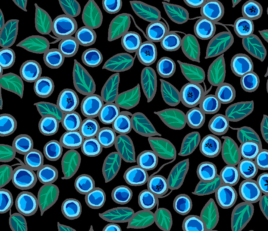Indigenous Blueberry Bear fabric with colorful bear and blueberry prints, available across the USA from First Trend Fabrics.  All-over-Blueberry black