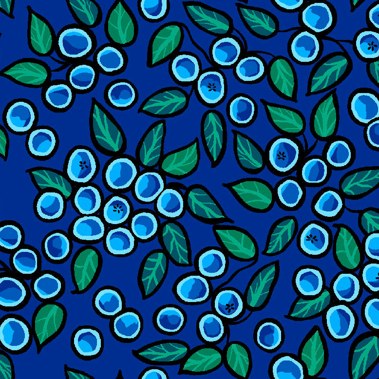 Indigenous Blueberry Bear fabric with colorful bear and blueberry prints, available across the USA from First Trend Fabrics.  All-over-Blueberry navy