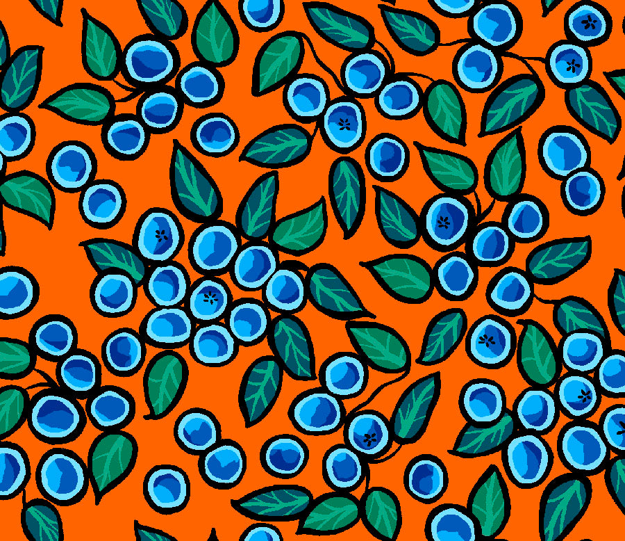 Indigenous Blueberry Bear fabric with colorful bear and blueberry prints, available across the USA from First Trend Fabrics.  All-over-Blueberry orange