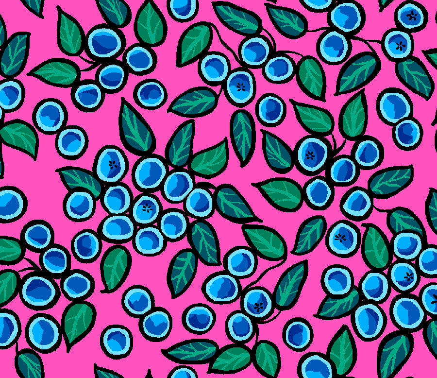 Indigenous Blueberry Bear fabric with colorful bear and blueberry prints, available across the USA from First Trend Fabrics.  All-over-Blueberry pink