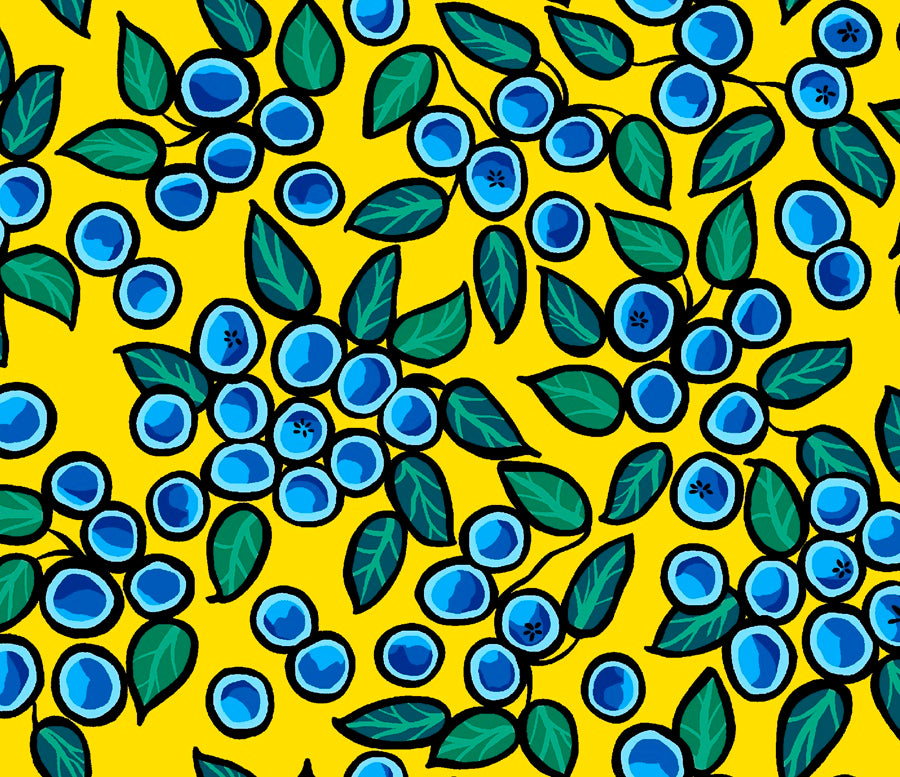 Indigenous Blueberry Bear fabric with colorful bear and blueberry prints, available across the USA from First Trend Fabrics.  All-over-Blueberry yellow