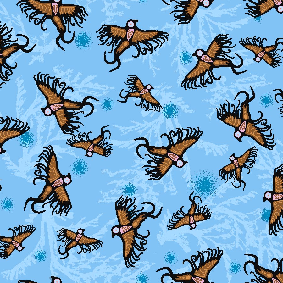 Supporting Each Other Indigenous cotton fabric by C.J. Houle featuring a blue allover with birds flying, available wholesale at First Trend Fabrics.