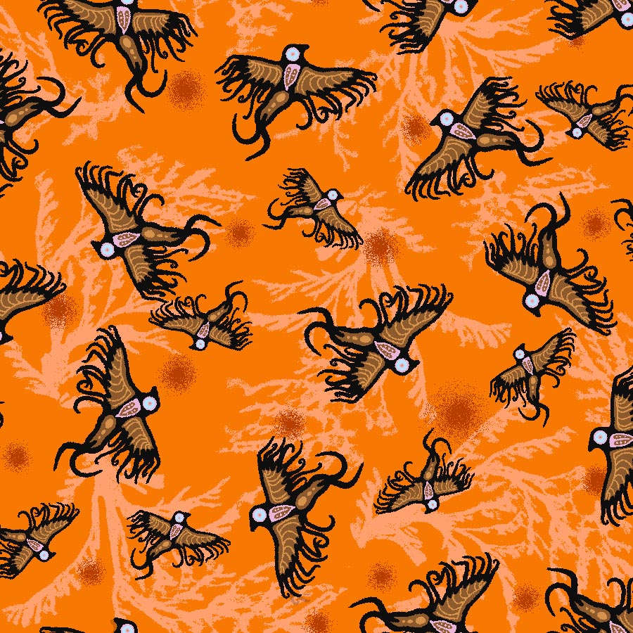 Supporting Each Other Indigenous cotton fabric by C.J. Houle featuring a orange allover with birds flying, available wholesale at First Trend Fabrics.