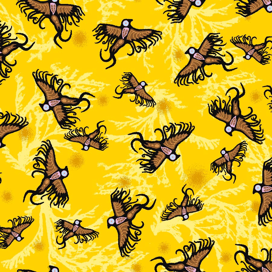Supporting Each Other Indigenous cotton fabric by C.J. Houle featuring a yellow allover with birds flying, available wholesale at First Trend Fabrics.