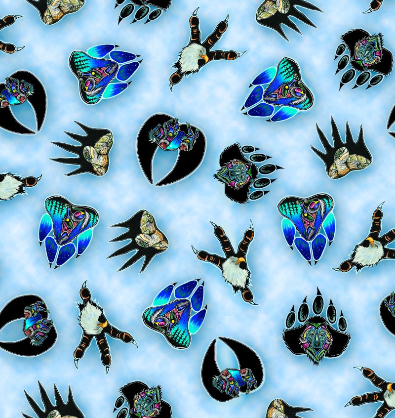 7 Grandfathers is an Indigenous-inspired fabric in the 7 grandfathers teachings by Jessica Somers now available across the USA at First Trend Fabrics for wholesale. Blue allover