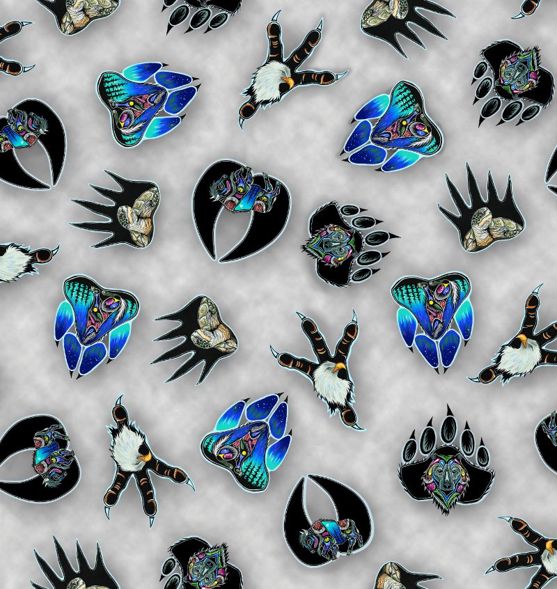 7 Grandfathers is an Indigenous-inspired fabric in the 7 grandfathers teachings by Jessica Somers now available across the USA at First Trend Fabrics for wholesale. Grey allover