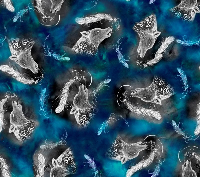 Echoes of the Moon - Native American Wolf & Northern Lights Fabric - First Trend Fabrics
