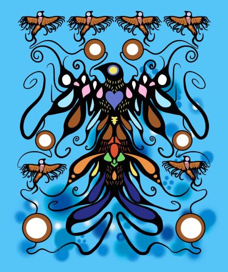 Supporting Each Other Indigenous cotton fabric by C.J. Houle featuring a blue thunderbird panel, available wholesale at First Trend Fabrics.