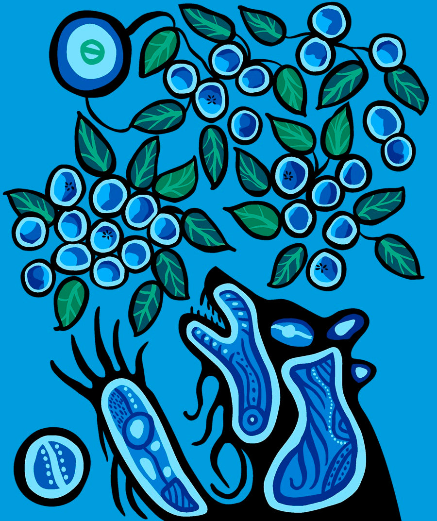 Indigenous Blueberry Bear fabric with colorful bear and blueberry prints, available across the USA from First Trend Fabrics. Panel Blue.