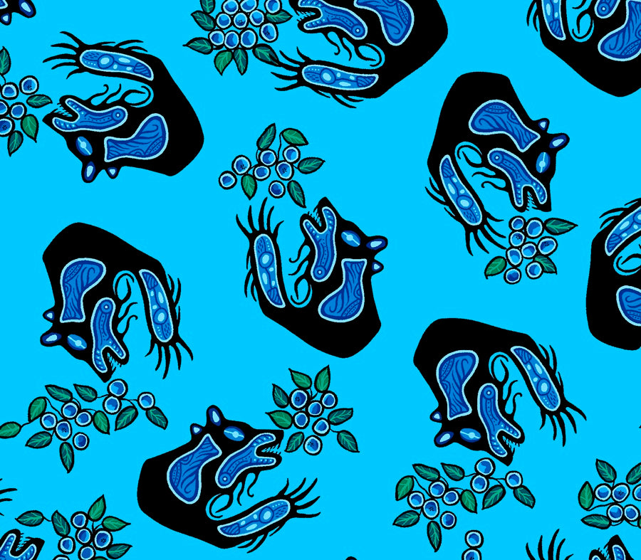 Indigenous Blueberry Bear fabric with colorful bear and blueberry prints, available across the USA from First Trend Fabrics. Blueberry and bear all-over blue