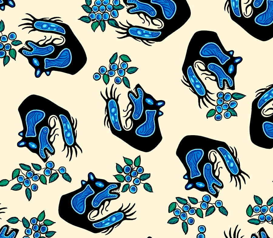 Indigenous Blueberry Bear fabric with colorful bear and blueberry prints, available across the USA from First Trend Fabrics. Blueberry and bear all-over cream