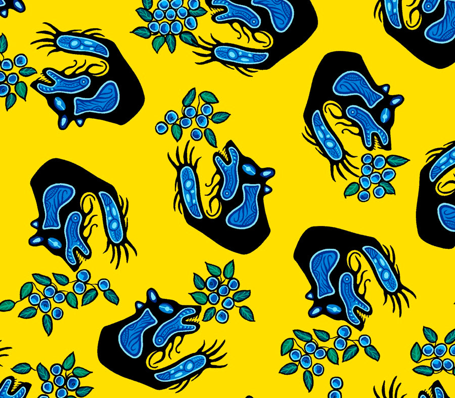 Indigenous Blueberry Bear fabric with colorful bear and blueberry prints, available across the USA from First Trend Fabrics. Blueberry and bear all-over yellow