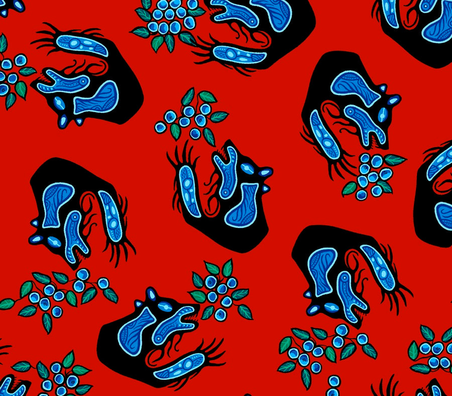 Indigenous Blueberry Bear fabric with colorful bear and blueberry prints, available across the USA from First Trend Fabrics. Blueberry and bear all-over red.