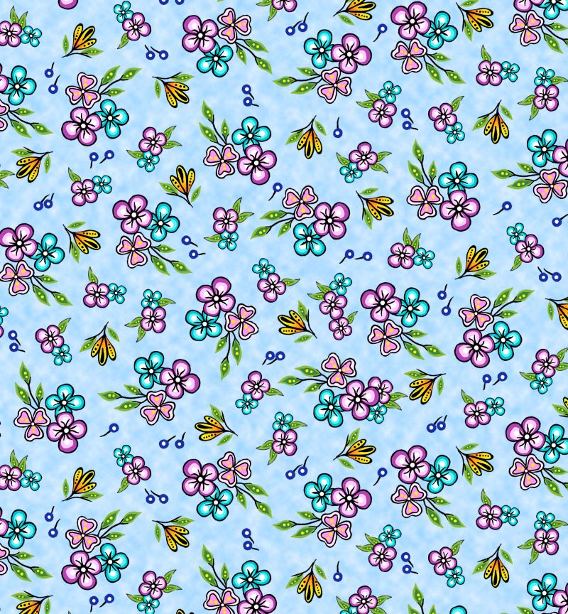 7 Grandfathers is an Indigenous-inspired fabric in the 7 grandfathers teachings by Jessica Somers now available across the USA at First Trend Fabrics for wholesale. Flowers blue allover